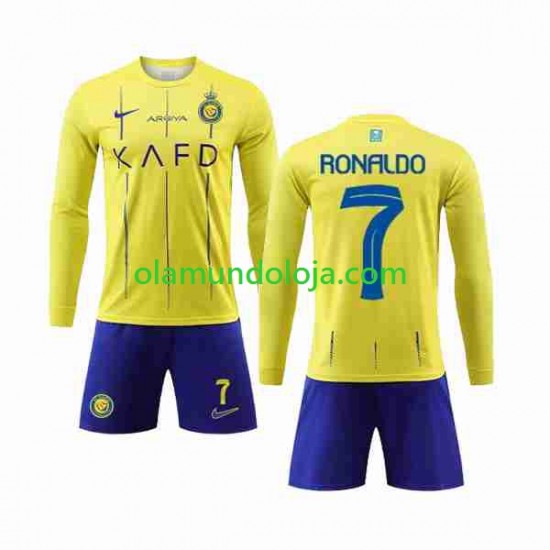 Camisola Al-Nassr Cristiano Ronaldo 7 Criança Equipamento Primeiro 2023-2024 Manga Comprida